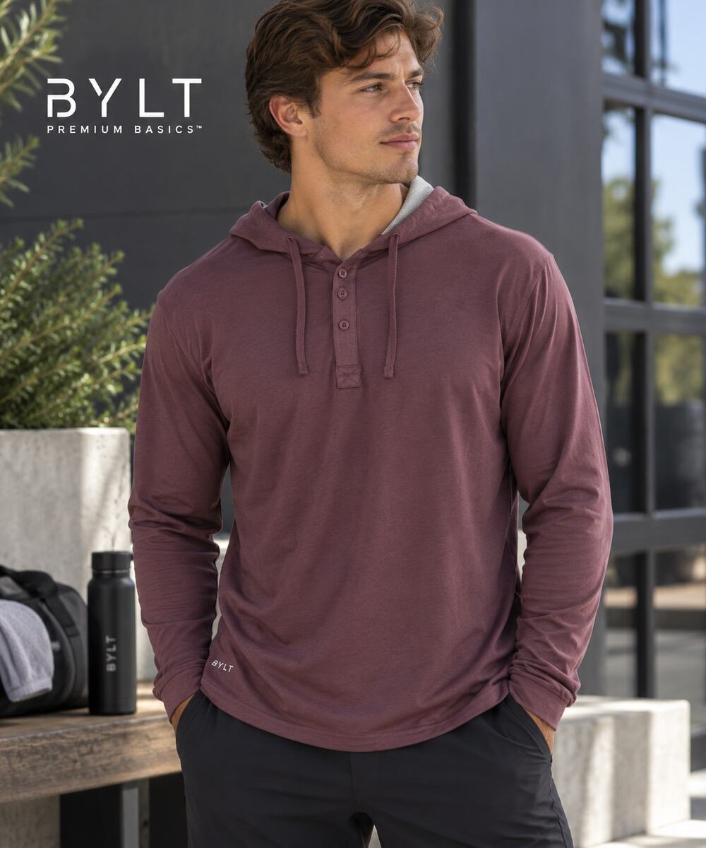 BYLT Basics Drop-Cut LUX Hooded L/S Henley Pullover Burgundy Maroon Men's XXL